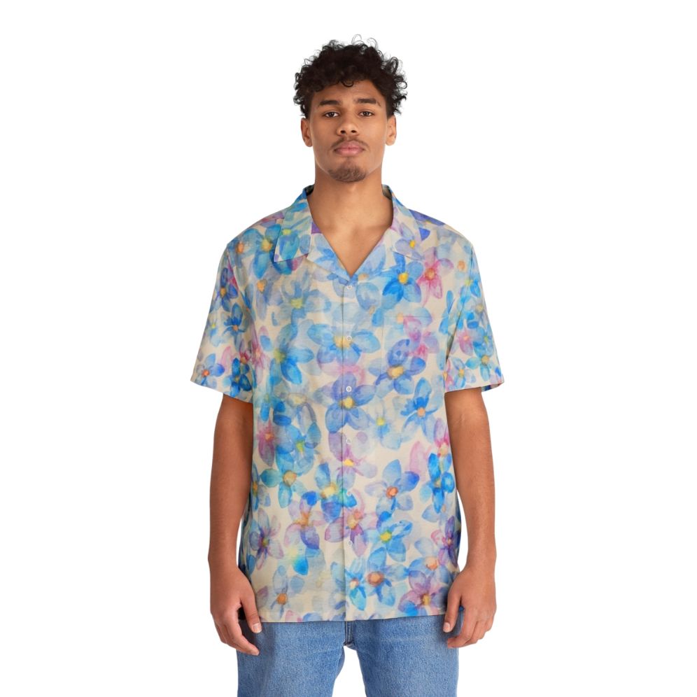 Blue watercolor flower buds painting on a Hawaiian shirt - People Front