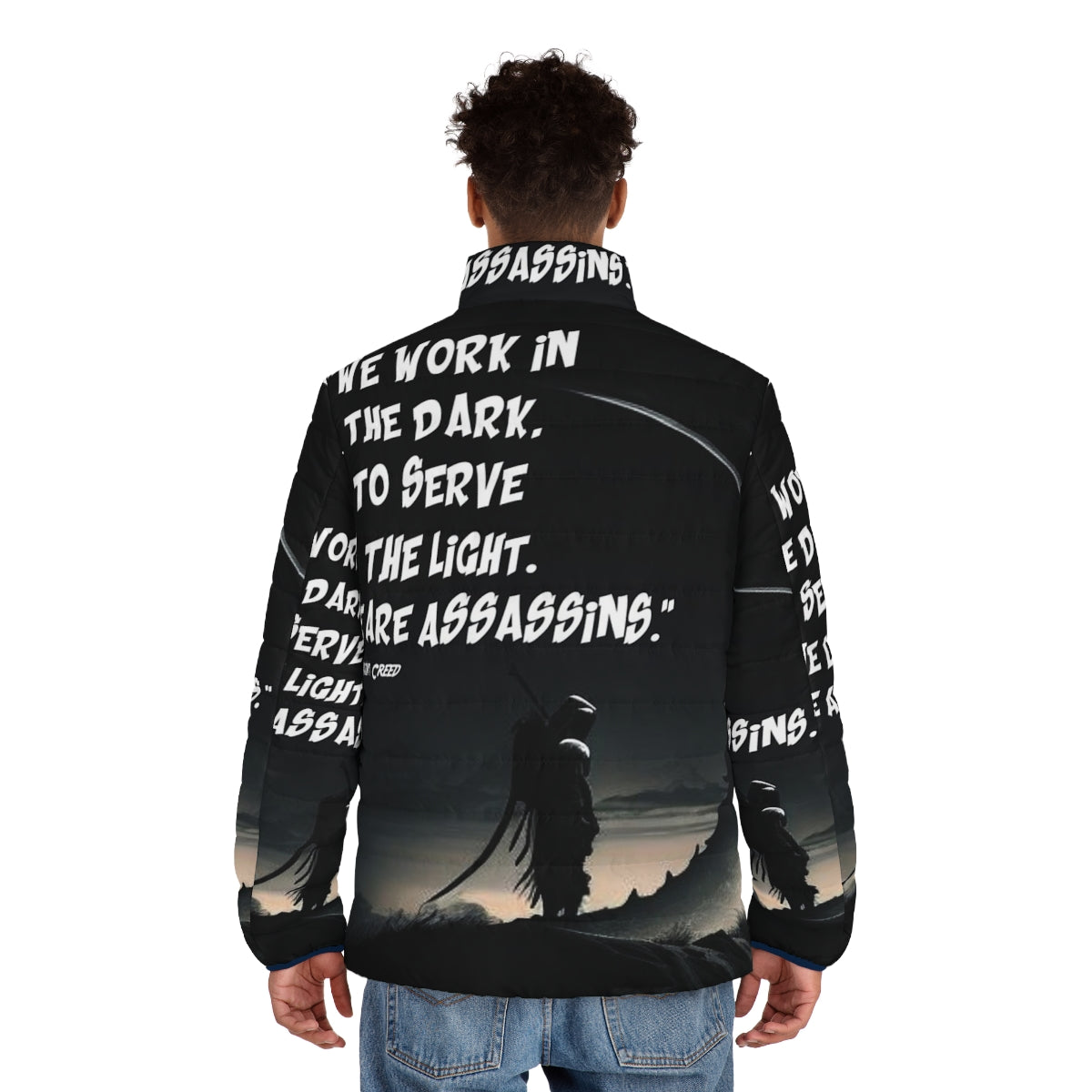 Inspirational Assassin's Creed puffer jacket with motivational quotes - men back