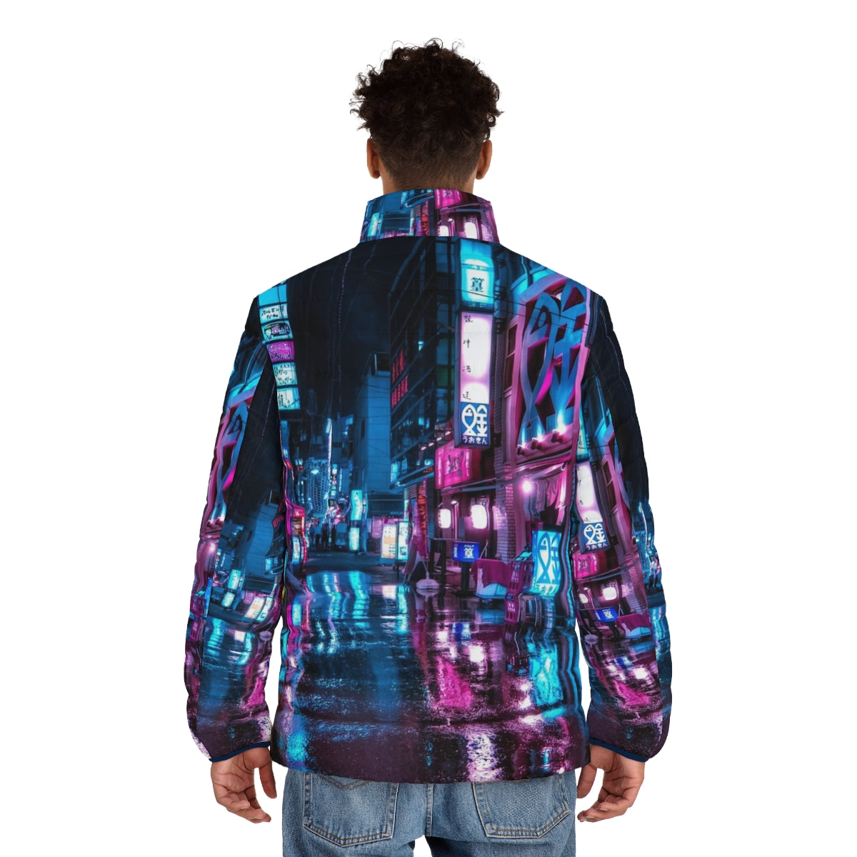 Tokyo Shimbashi puffer jacket with neon lights and cyberpunk city vibes - men back