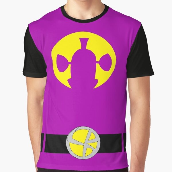 LarryBoy, the superhero character from Veggietales, featured on a purple and yellow graphic t-shirt.