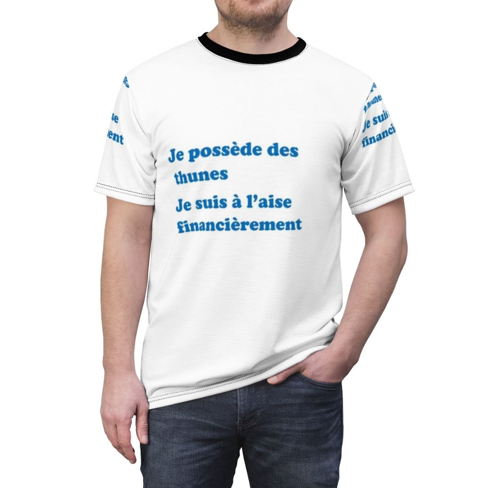 A high-quality t-shirt design featuring a graphic about being financially comfortable and having money. - men front