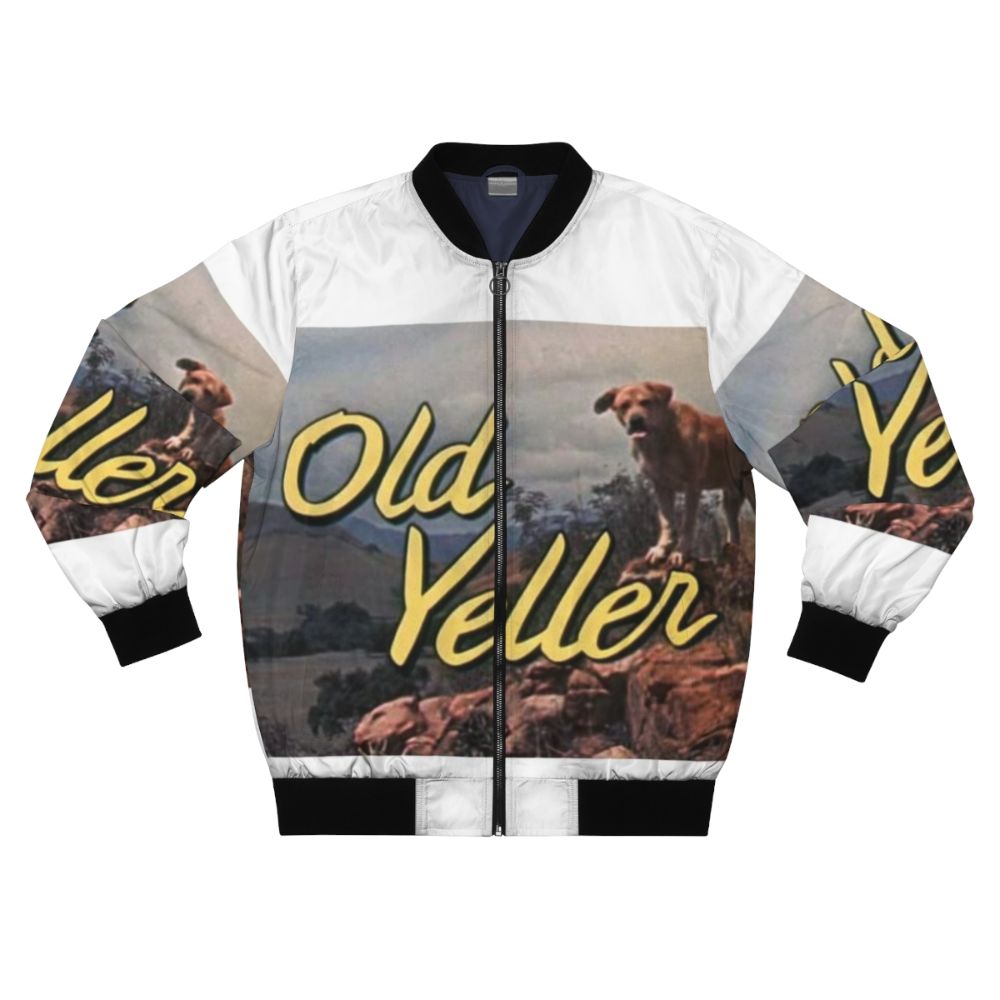 Vintage graphic "OLD YELLER" bomber jacket with retro typography and yellow color scheme