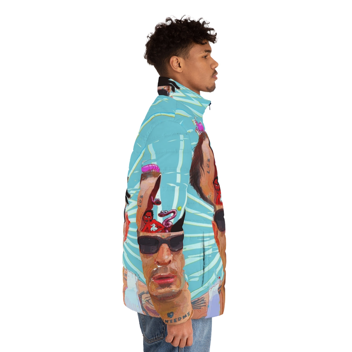 Puffer jacket featuring Sebastian Murphy art and Viagra Boys branding - men side right