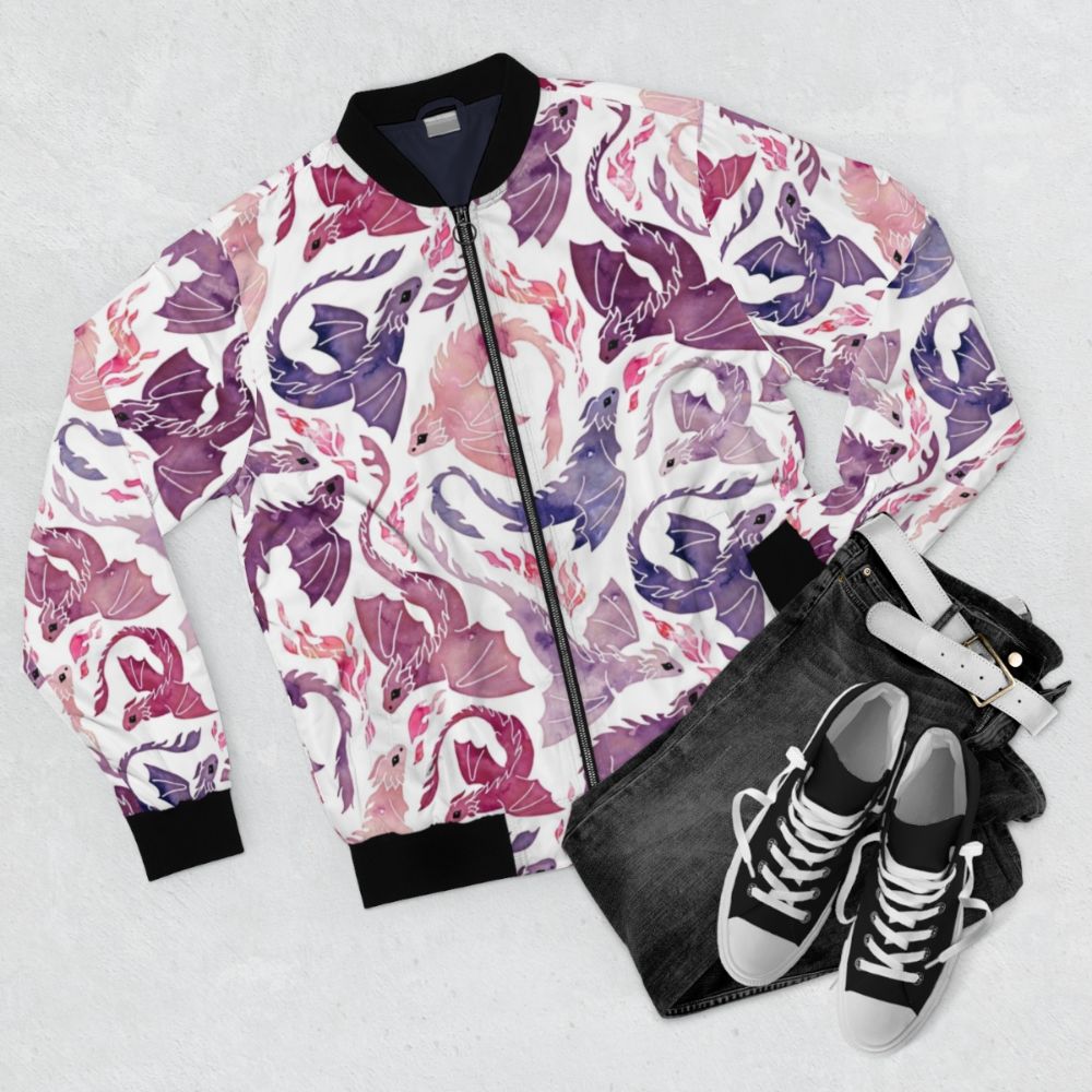 Enchanting pink and purple bomber jacket with a fantasy dragon fire design - Flat lay