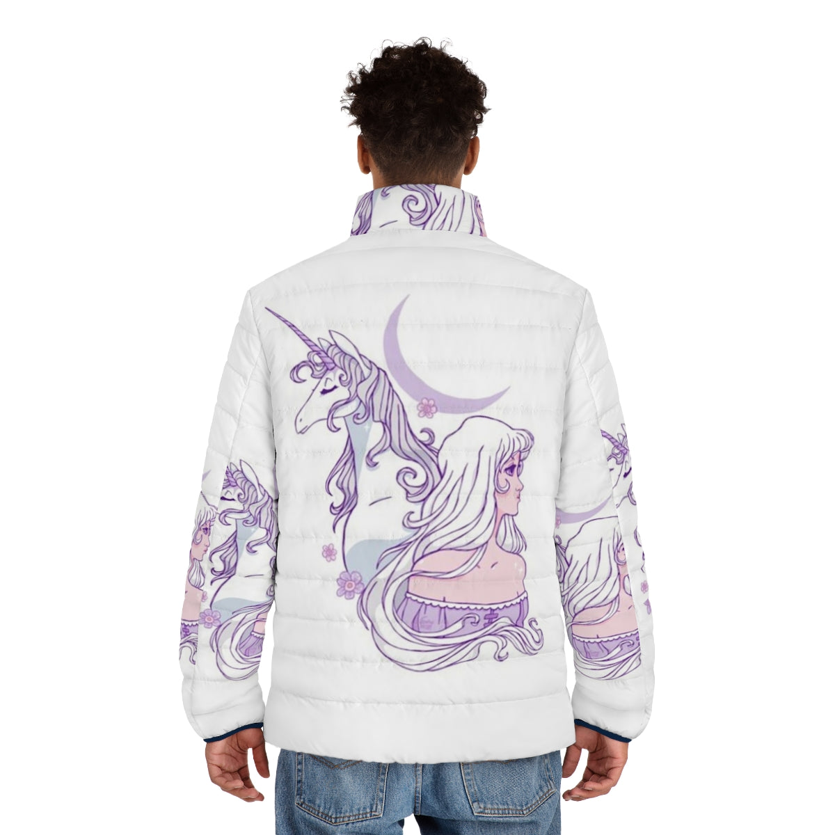 The Last Unicorn Puffer Jacket featuring a legendary unicorn in a whimsical, magical design - men back