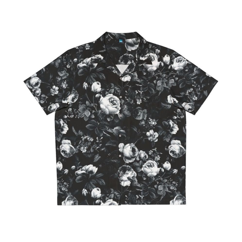 Black and white floral pattern Hawaiian-style shirt