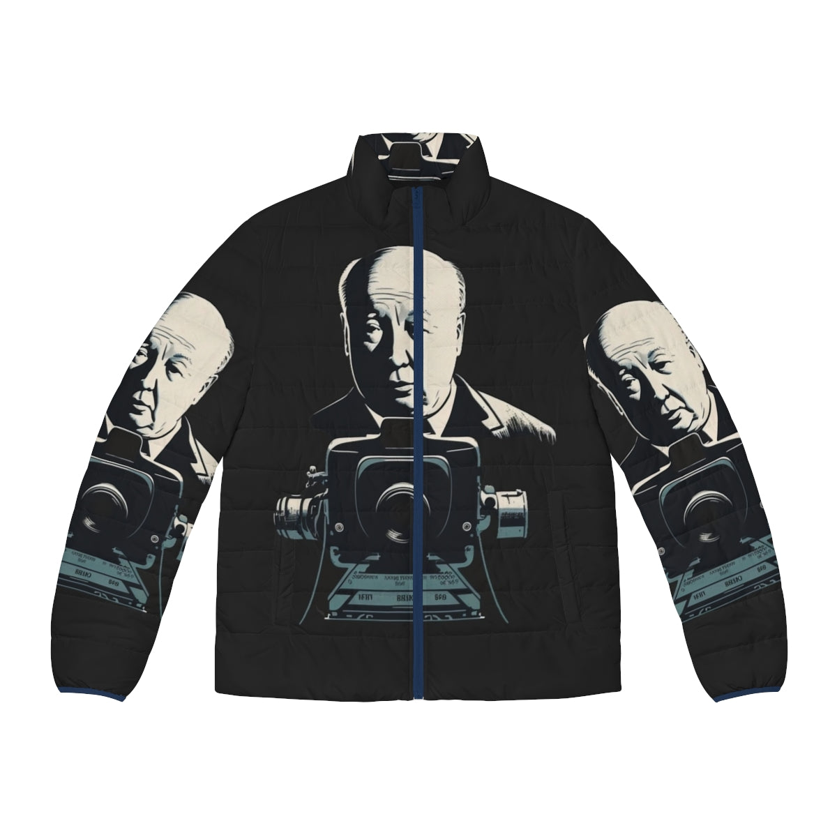 Alfred Hitchcock themed puffer jacket with horror movie and thriller design