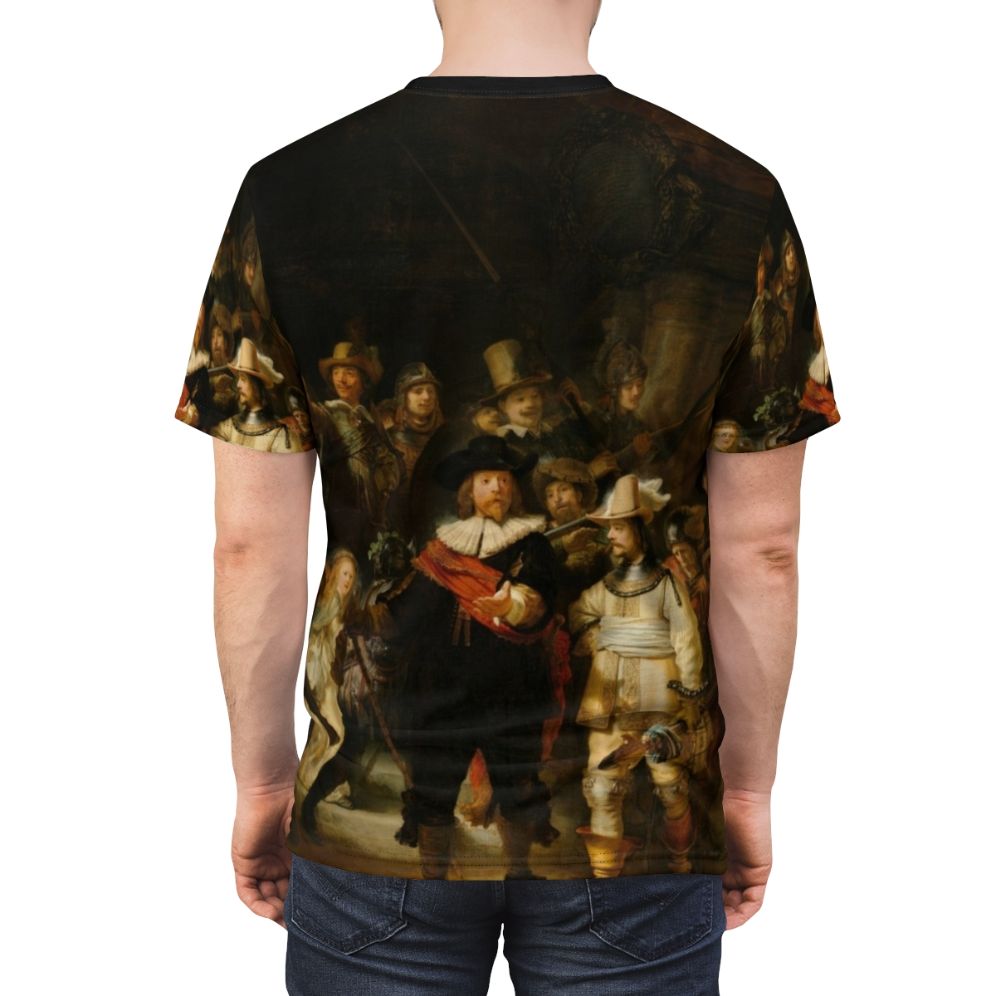 Rembrandt's famous painting "The Night Watch" featured on a high-quality all-over print t-shirt. - men back