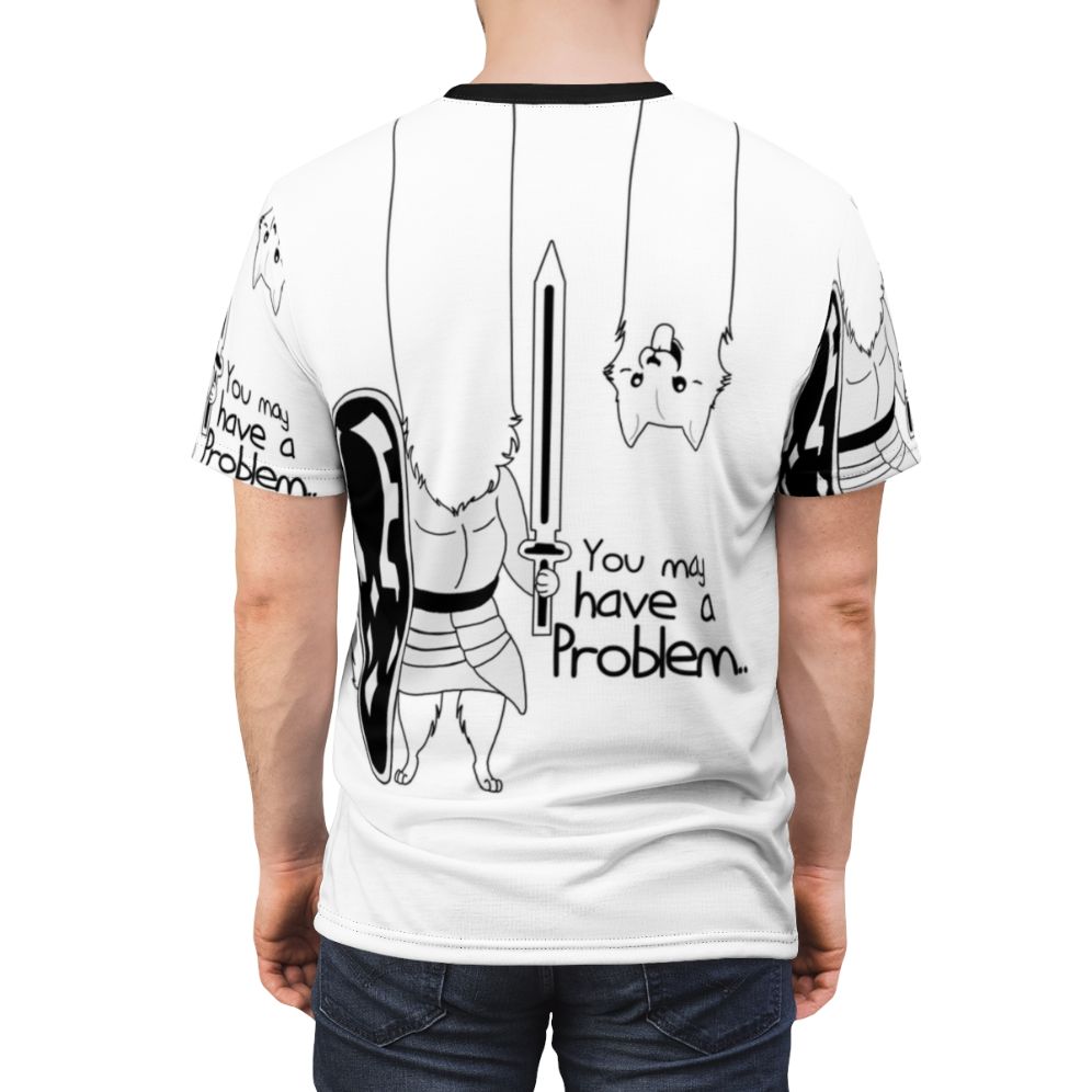 Stylish problem-solving dog lover's AOP t-shirt design featuring a sword and undertale-inspired elements - men back