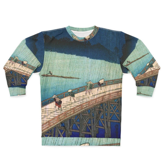 Japanese sweatshirt featuring Hiroshige's 'Sudden Shower over Shin Ohashi Bridge' ukiyo-e artwork