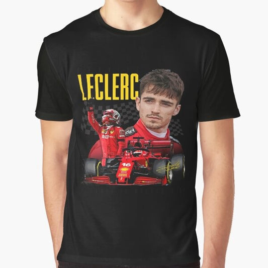 Charles Leclerc, Ferrari Formula 1 driver, wearing a graphic t-shirt with a Formula 1 design.