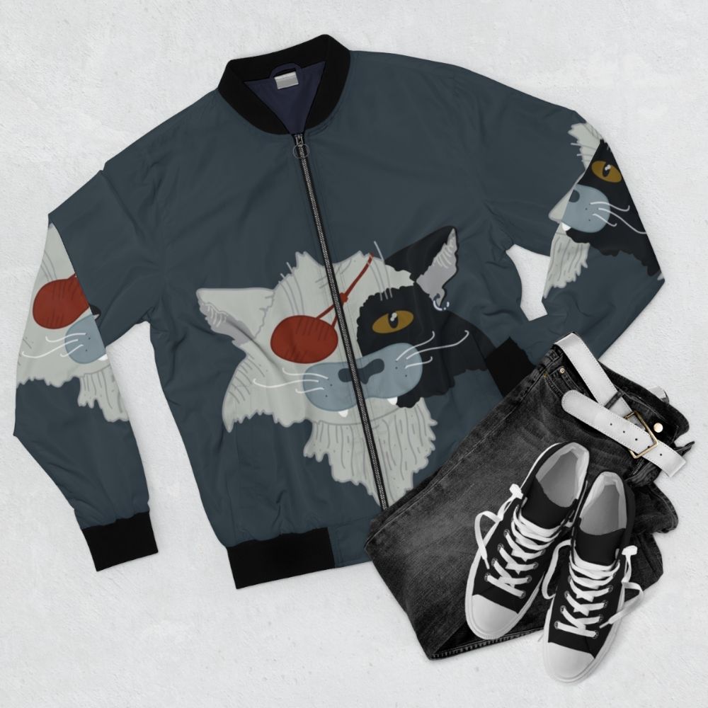 The Last Unicorn inspired cat bomber jacket with fantasy and 80s film elements - Flat lay