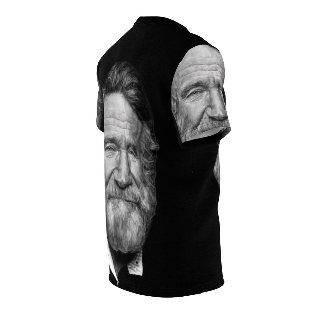 Artistic rendition of Robin Williams in a portrait design on a t-shirt - men right