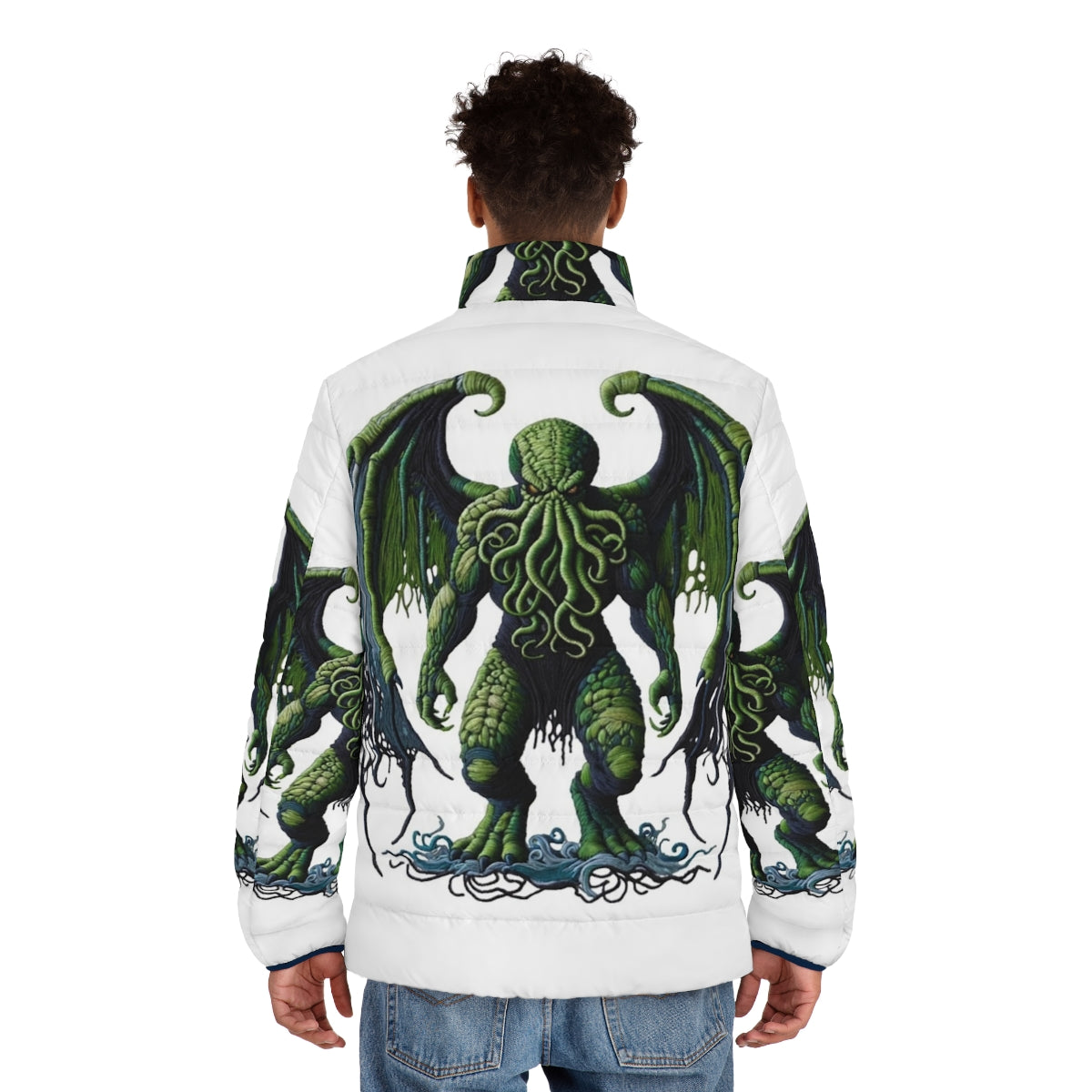 Cthulhu puffer jacket with embroidered mythical creature design - men back