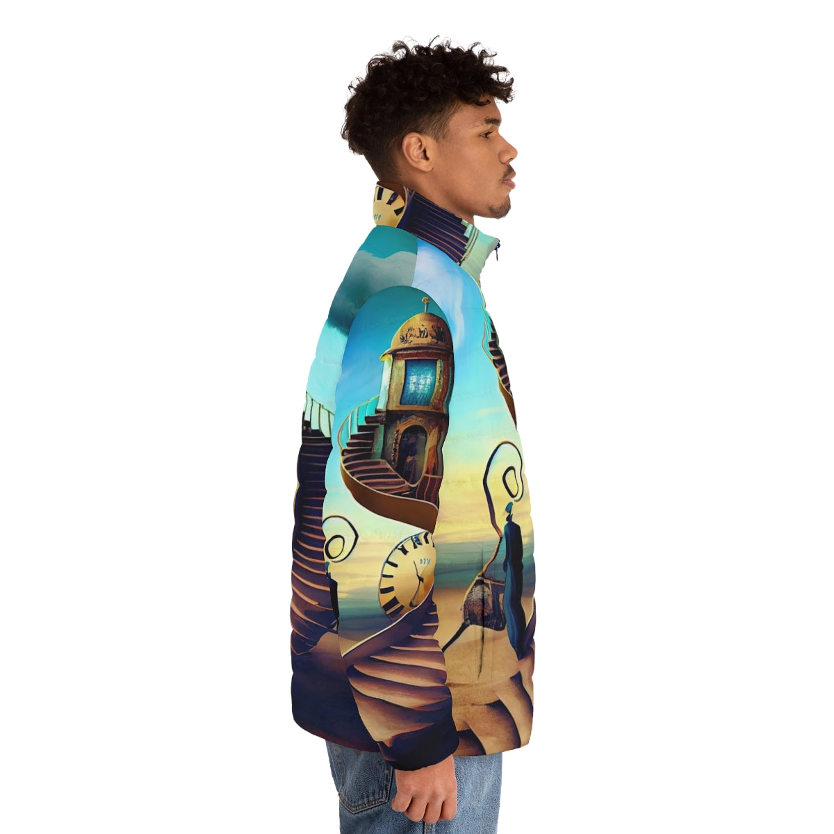 Salvador Dali Inspired Puffer Jacket with Surreal Imagery - men side right