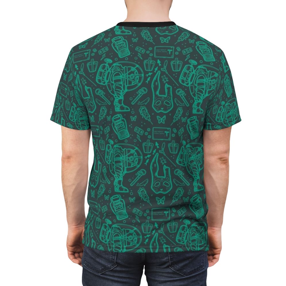 Bioshock inspired graphic tee featuring a continuous pattern design with Rapture elements in blue - men back