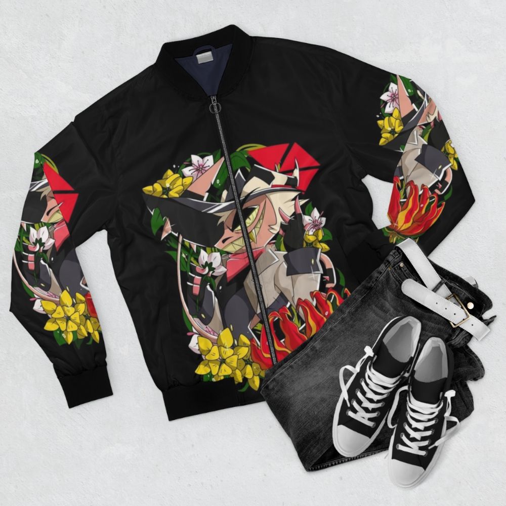 Helluva Boss Striker Anime Bomber Jacket - Flat lay