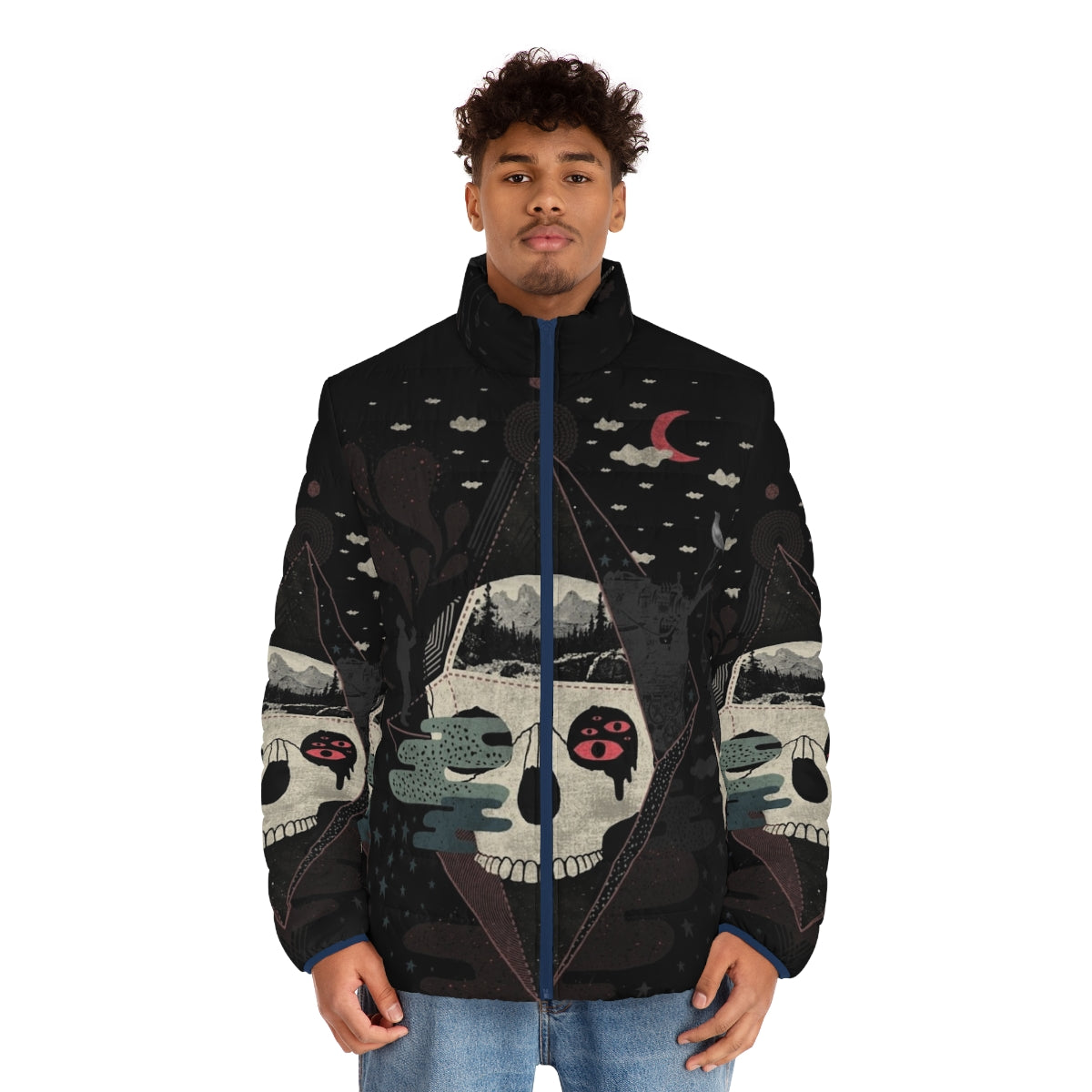 Cozy puffer jacket with surreal, abstract night and nature design - men front