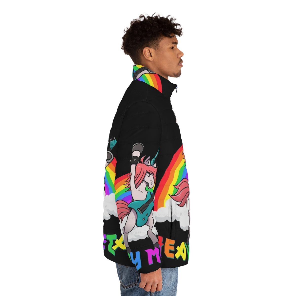 Heavy metal unicorn puffer jacket with guitar design - men side right