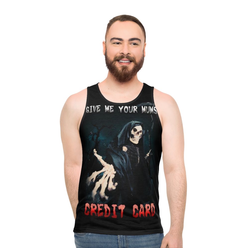 Humorous unisex tank top with credit card joke - men