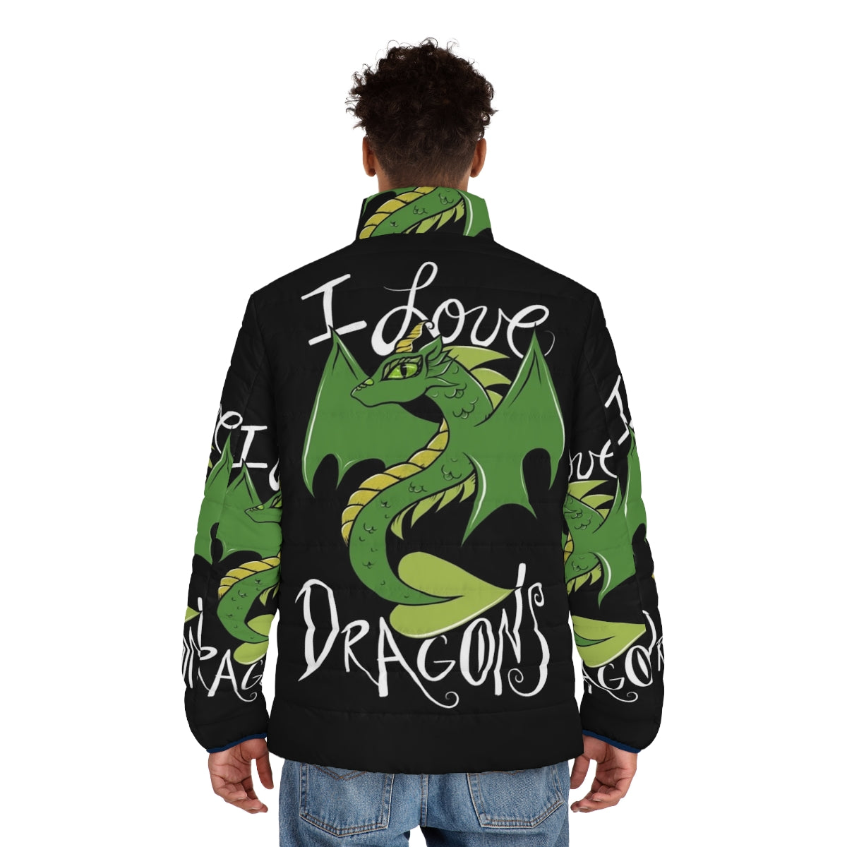 "I Love Dragons" puffer jacket featuring a green dragon design - men back