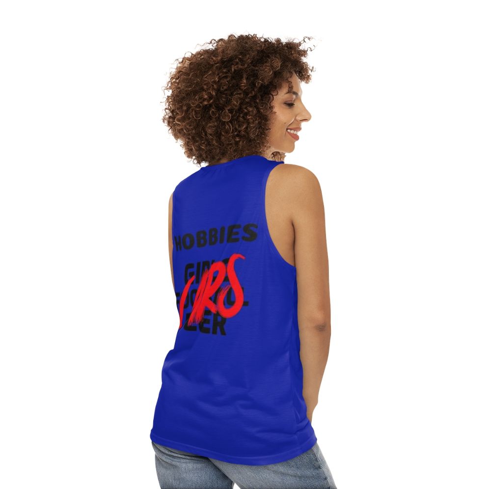 Unisex hobby tank top with car enthusiast and sports designs - women back