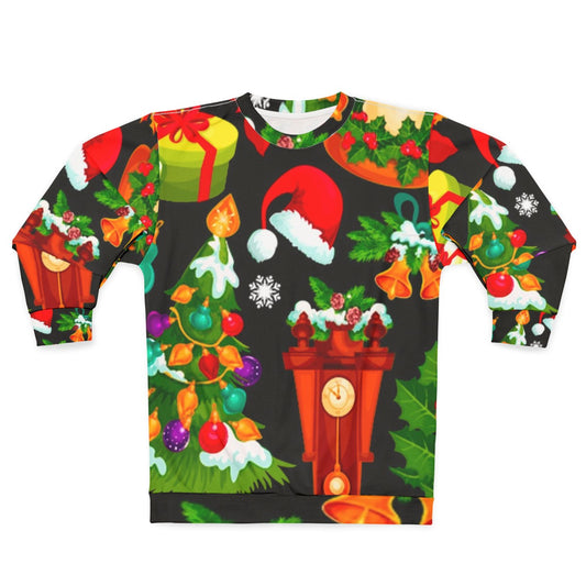 Cozy Christmas pattern sweatshirt with Santa, reindeer, and holiday designs