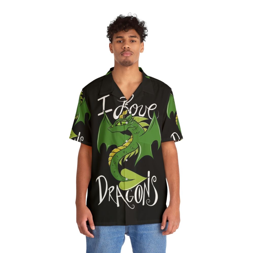 I Love Dragons Hawaiian Shirt with Green Dragon Print - People Front