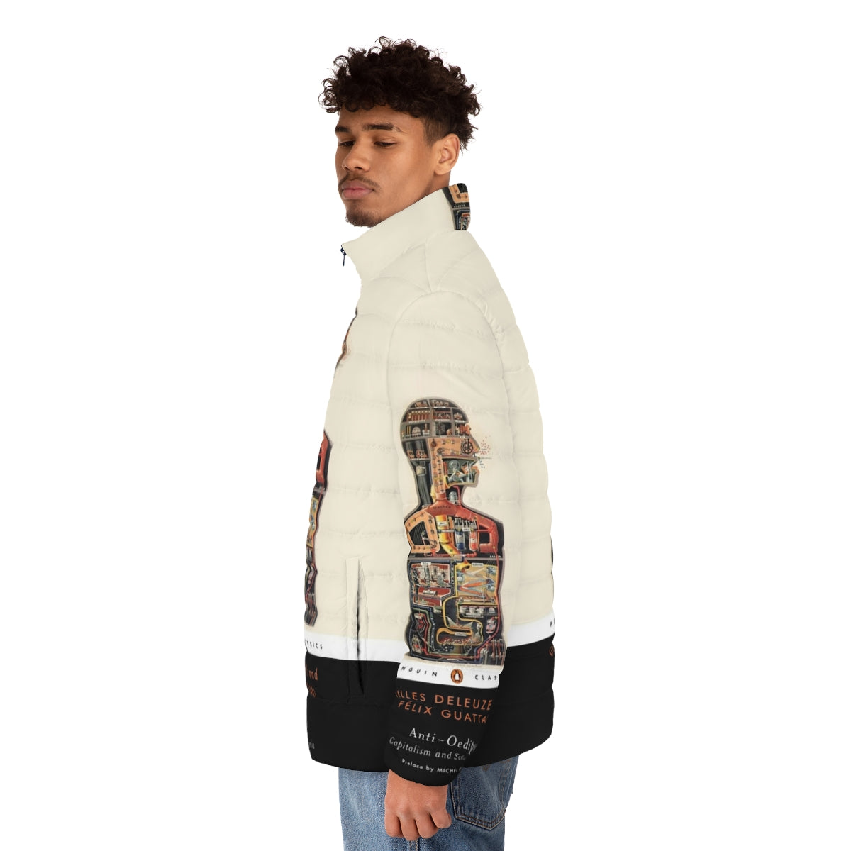 Anti-Oedipus Puffer Jacket featuring the iconic book cover design - men side left