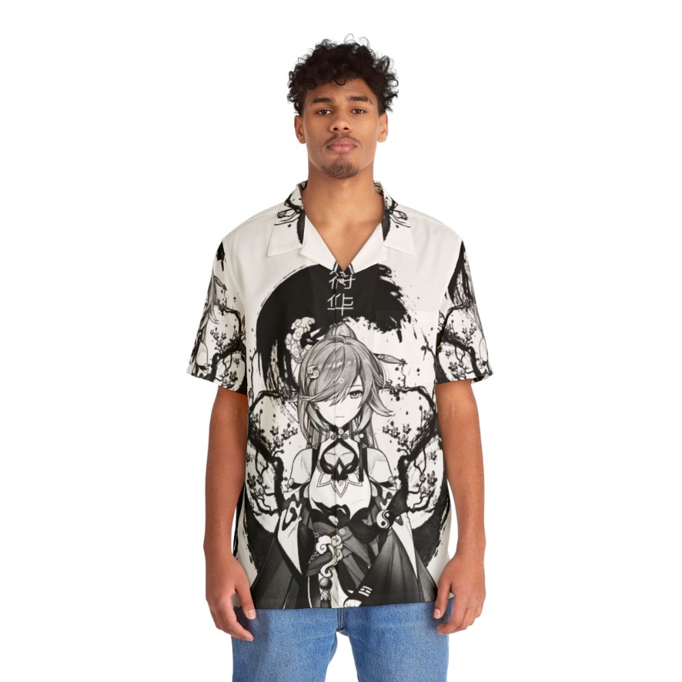 Anime-inspired monochrome Hawaiian shirt with ink splatters and gaming character designs - Lifestyle