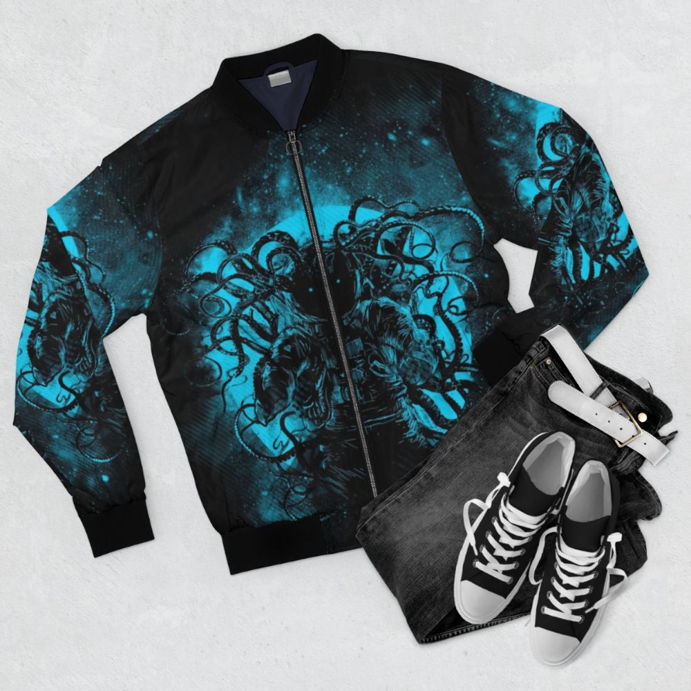 Cosmic Horror Bomber Jacket - A Space Themed Bomber Jacket with Octopus and Tentacle Motifs - Flat lay