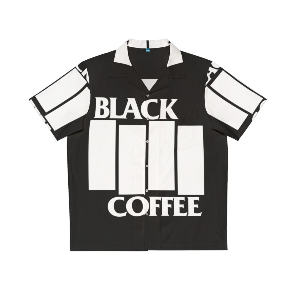 Black coffee-themed Hawaiian shirt with music and metal design