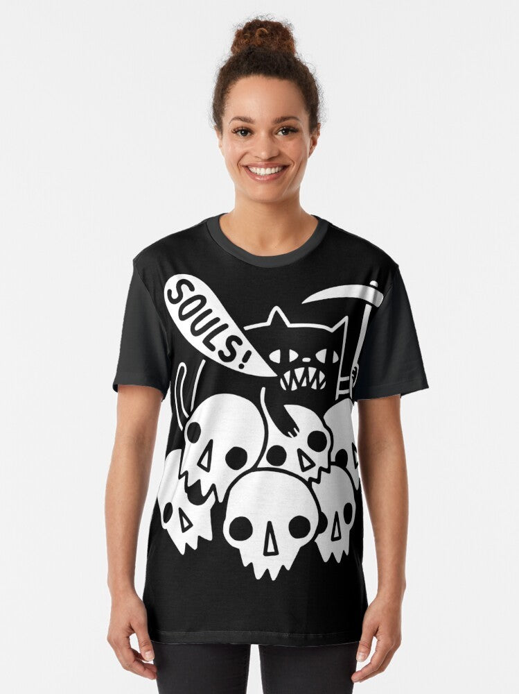 Graphic t-shirt design featuring a black cat with a skeleton skull and the phrase "Cat Got Your Soul?" - Women