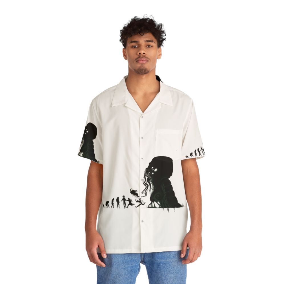 Lovecraftian evolution Hawaiian shirt with silhouette design of human and ape - People Front