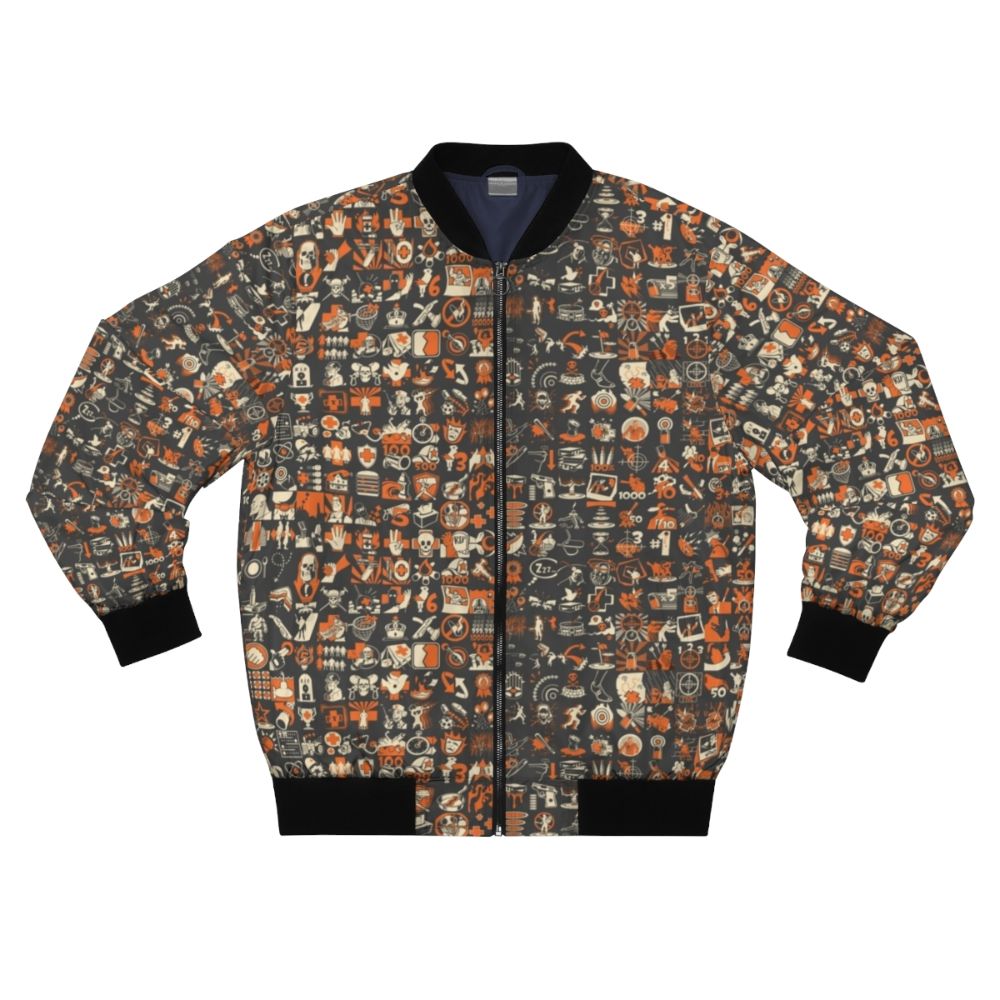 Team Fortress 2 inspired bomber jacket with a repeating achievement pattern design