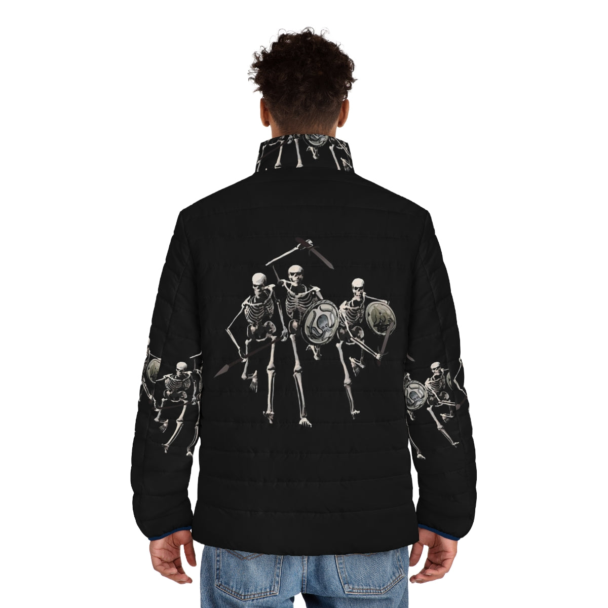 Skeleton Charge Puffer Jacket featuring ancient Greek mythology characters - men back