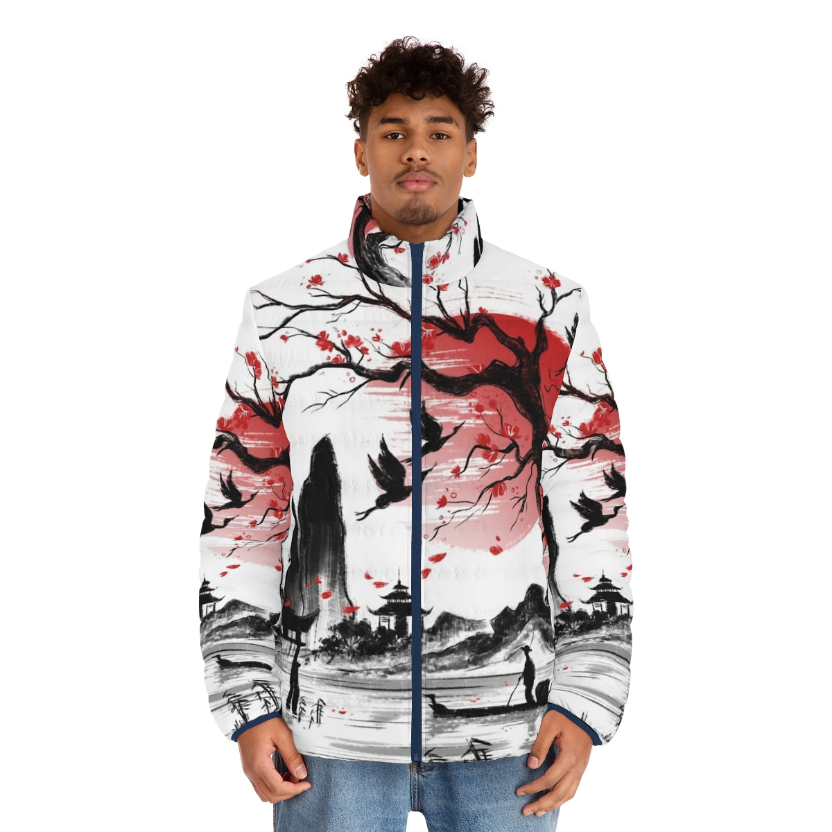 Japan Dream Puffer Jacket featuring Japanese landscape with sakura and red sun - men front