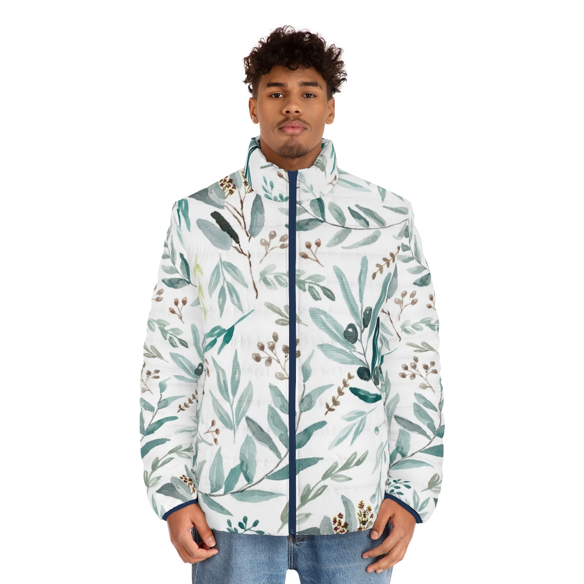 A green puffer jacket with a botanical eucalyptus leaves pattern, perfect for spring fashion. - men front