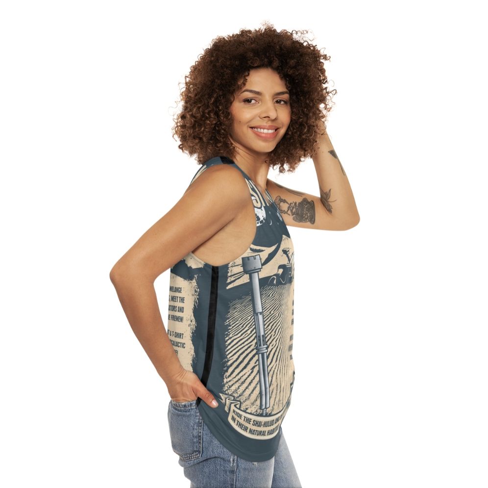 Dune-inspired "Visit Arrakis" unisex sci-fi tank top - women side