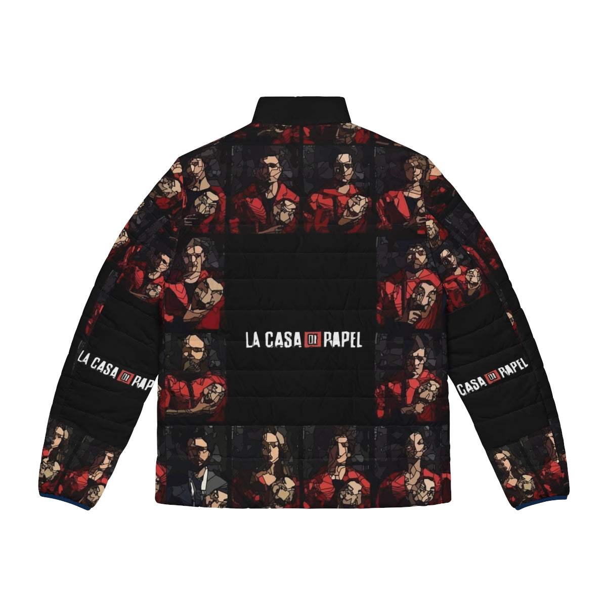 Money Heist Fanart Puffer Jacket with characters and quotes from the hit Netflix series - Back