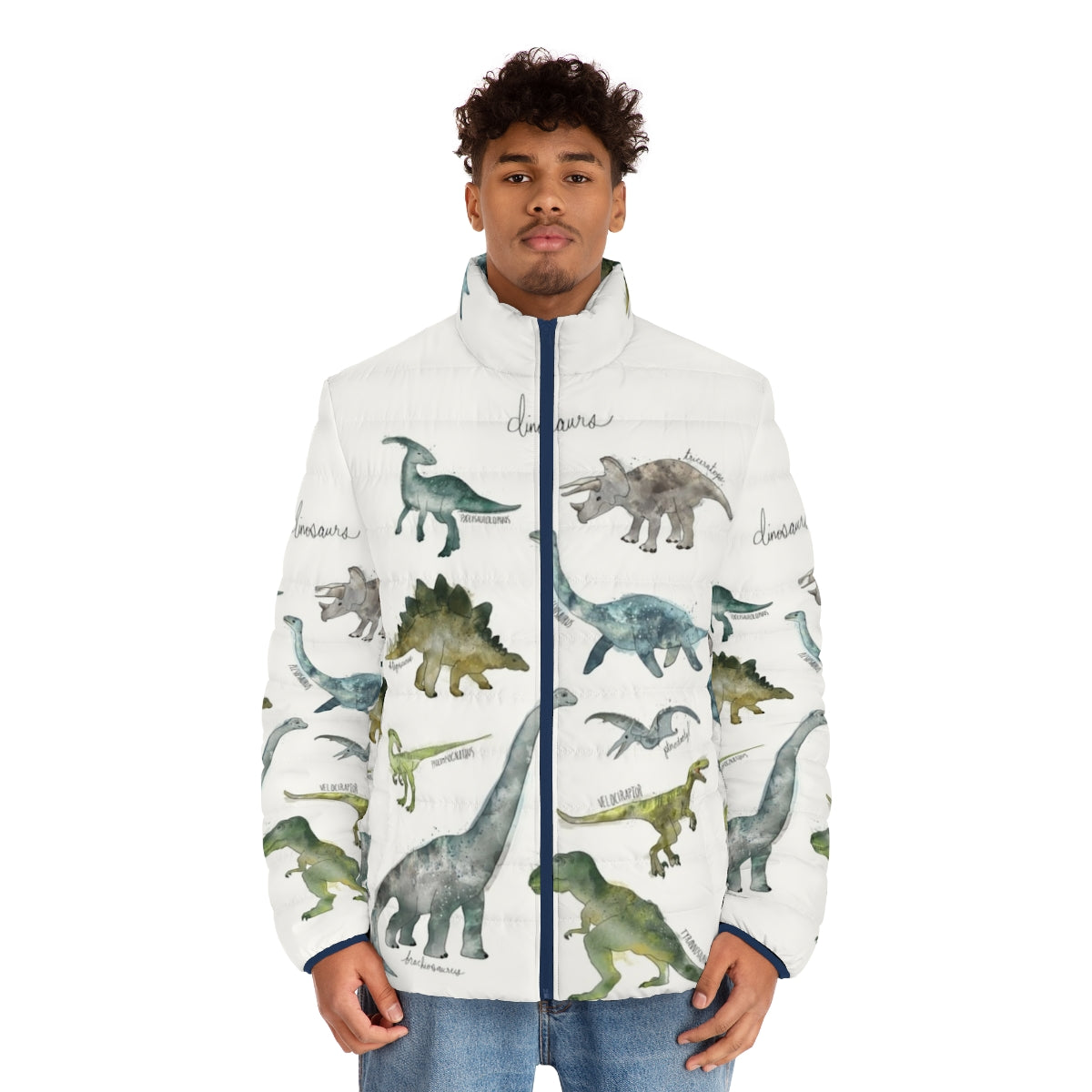 Dinosaur-printed puffer jacket with educational design - men front