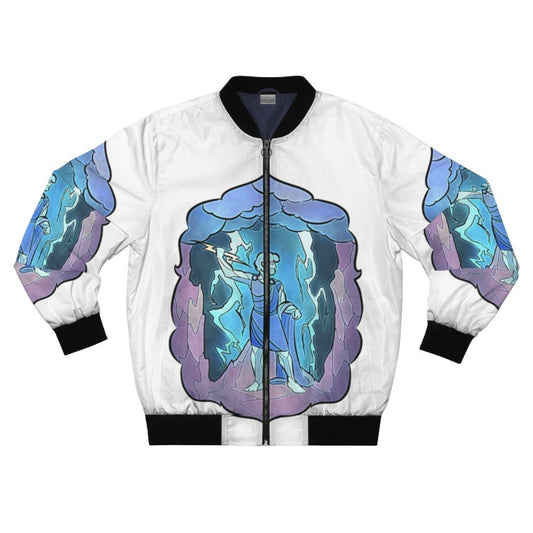 Stained glass-inspired bomber jacket featuring the Greek god Zeus