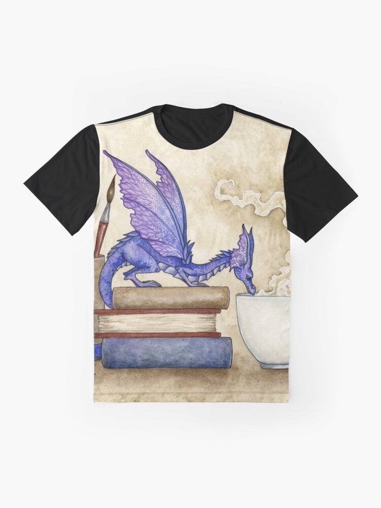 Fantasy book lover graphic t-shirt with dragon and fairy design - Flat lay