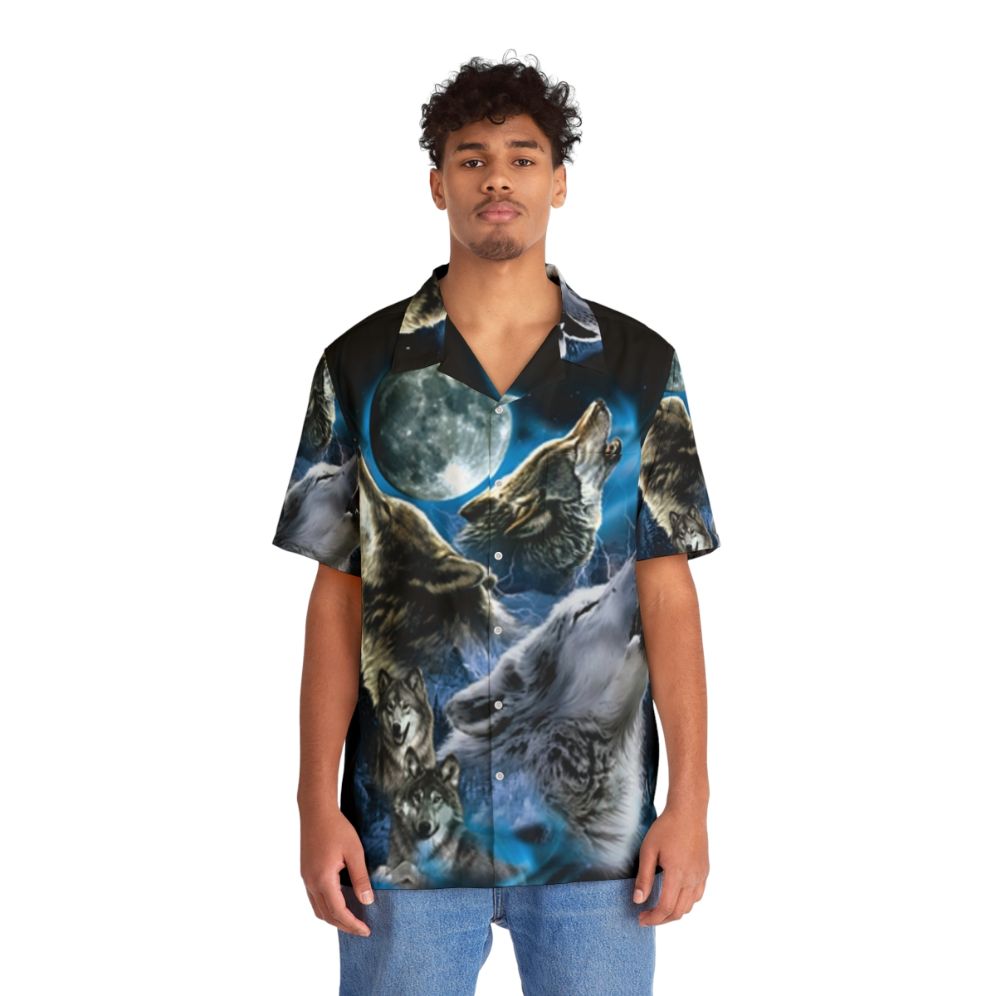 Wild wolf family howling at the moon Hawaiian shirt - People Front