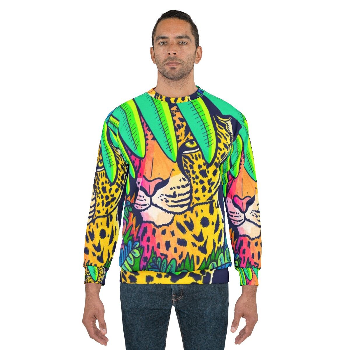 Jungle leopard print sweatshirt with vibrant, nature-inspired design - men