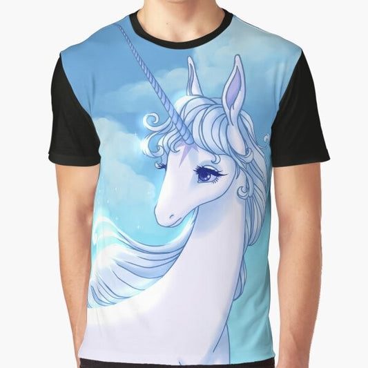 "The Last Unicorn" graphic t-shirt design featuring a unicorn, the lady Amalthea, and 80s cartoon-inspired elements.