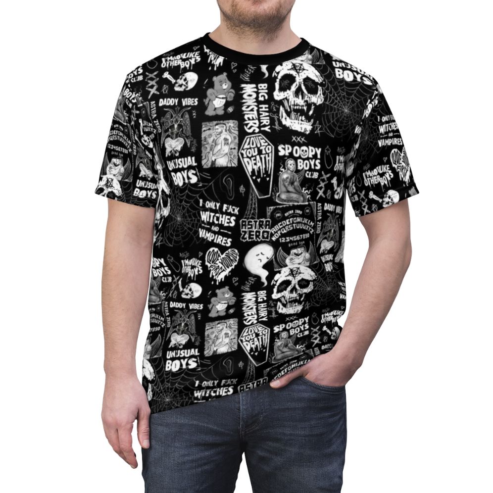 Edgy queer punk t-shirt with gothic, spooky, and supernatural design elements - men front