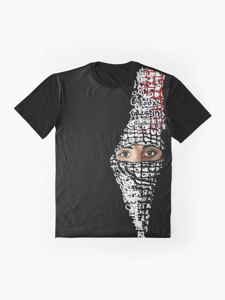 A graphic t-shirt depicting the conflict between Palestine and Israel, representing the struggle for justice and resistance. - Flat lay