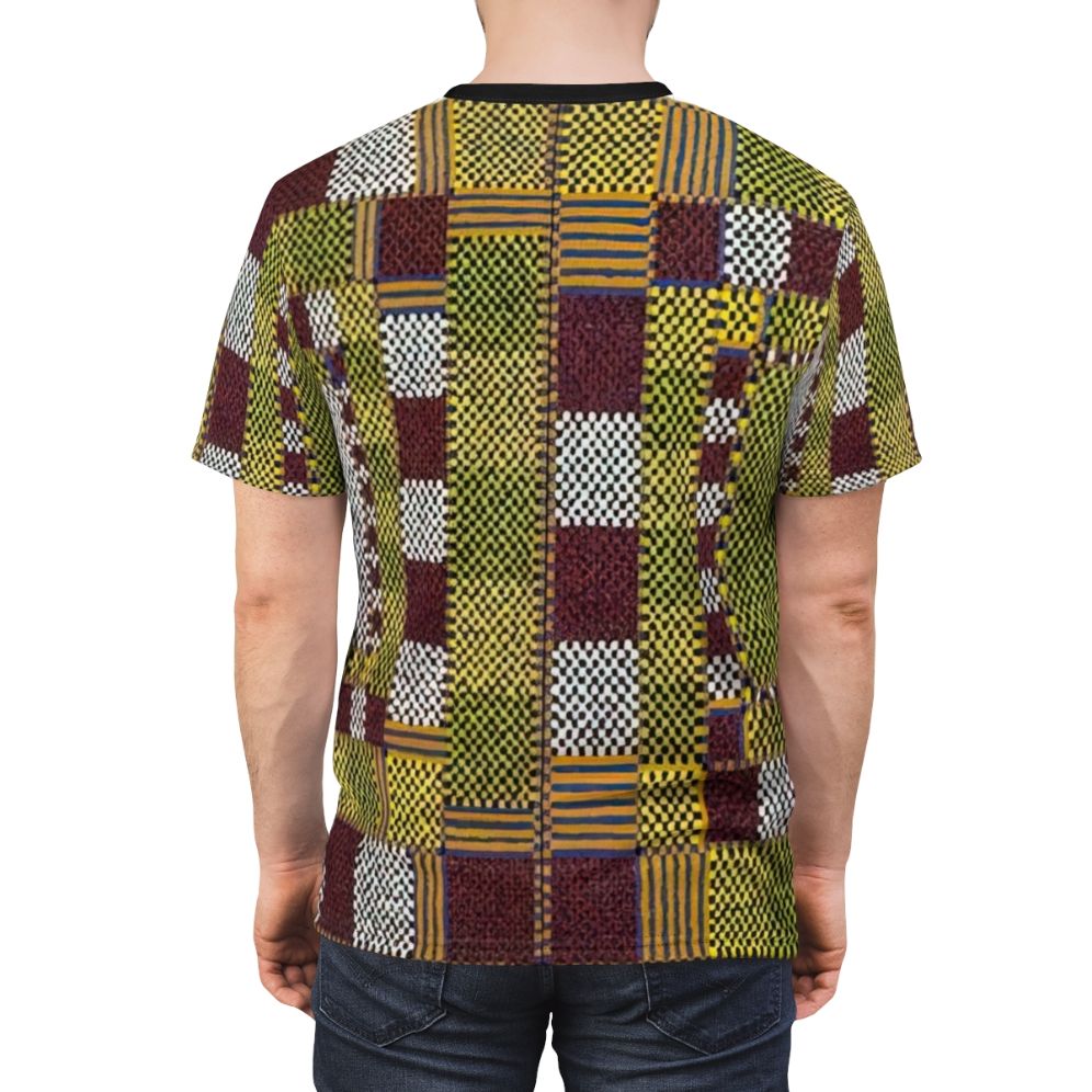 Abstract geometric t-shirt design inspired by the colorful and symbolic artwork of Alfred Jensen - men back