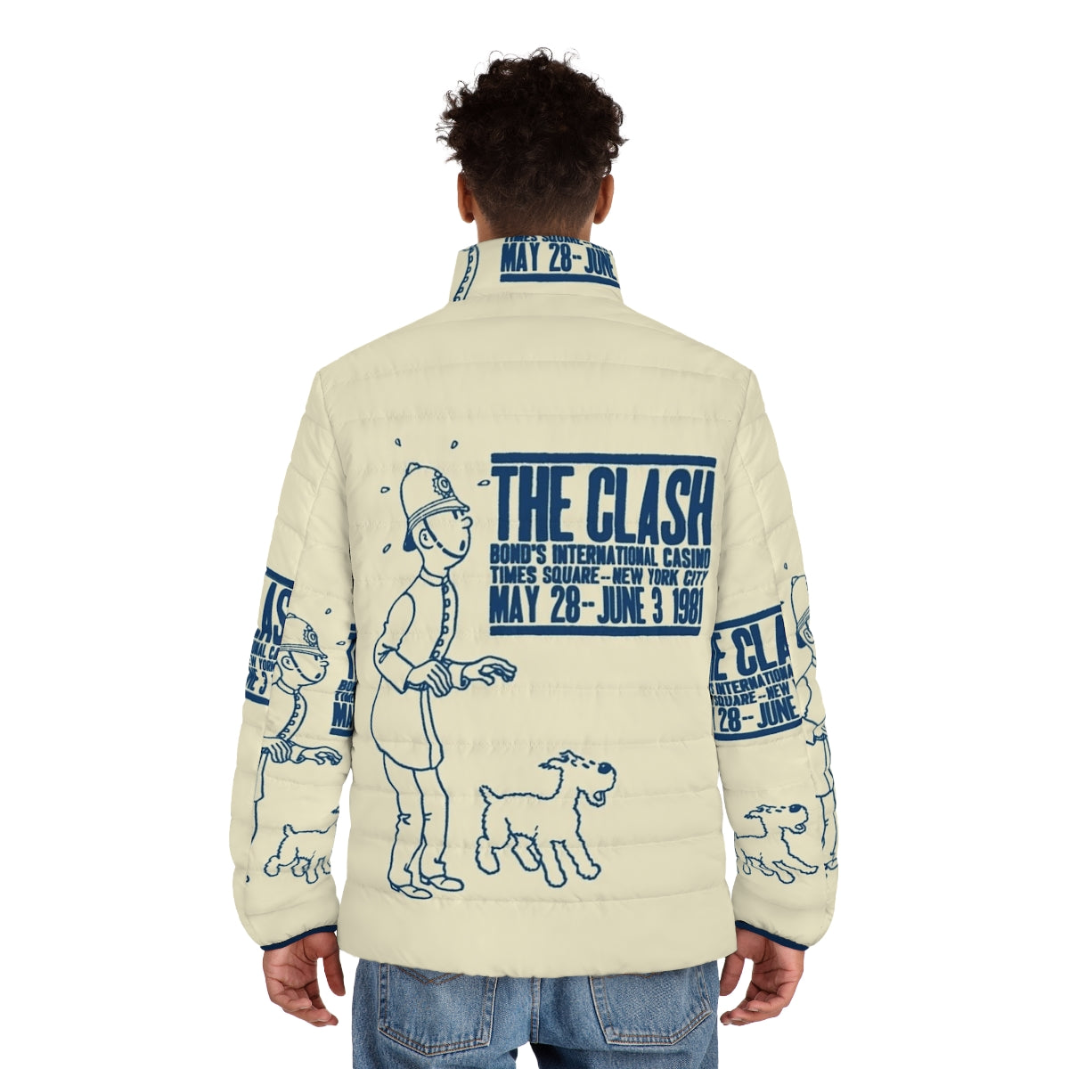 The Bobby and The Clash Puffer Jacket, a stylish and durable winter outerwear option featuring a Belgian comic book hero and the iconic punk rock band. - men back